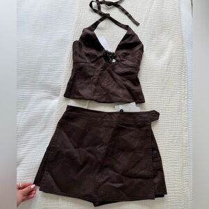 Kookai Chocolate Brown Halter Top & Palm Skort Set | Linen Blend | NWT